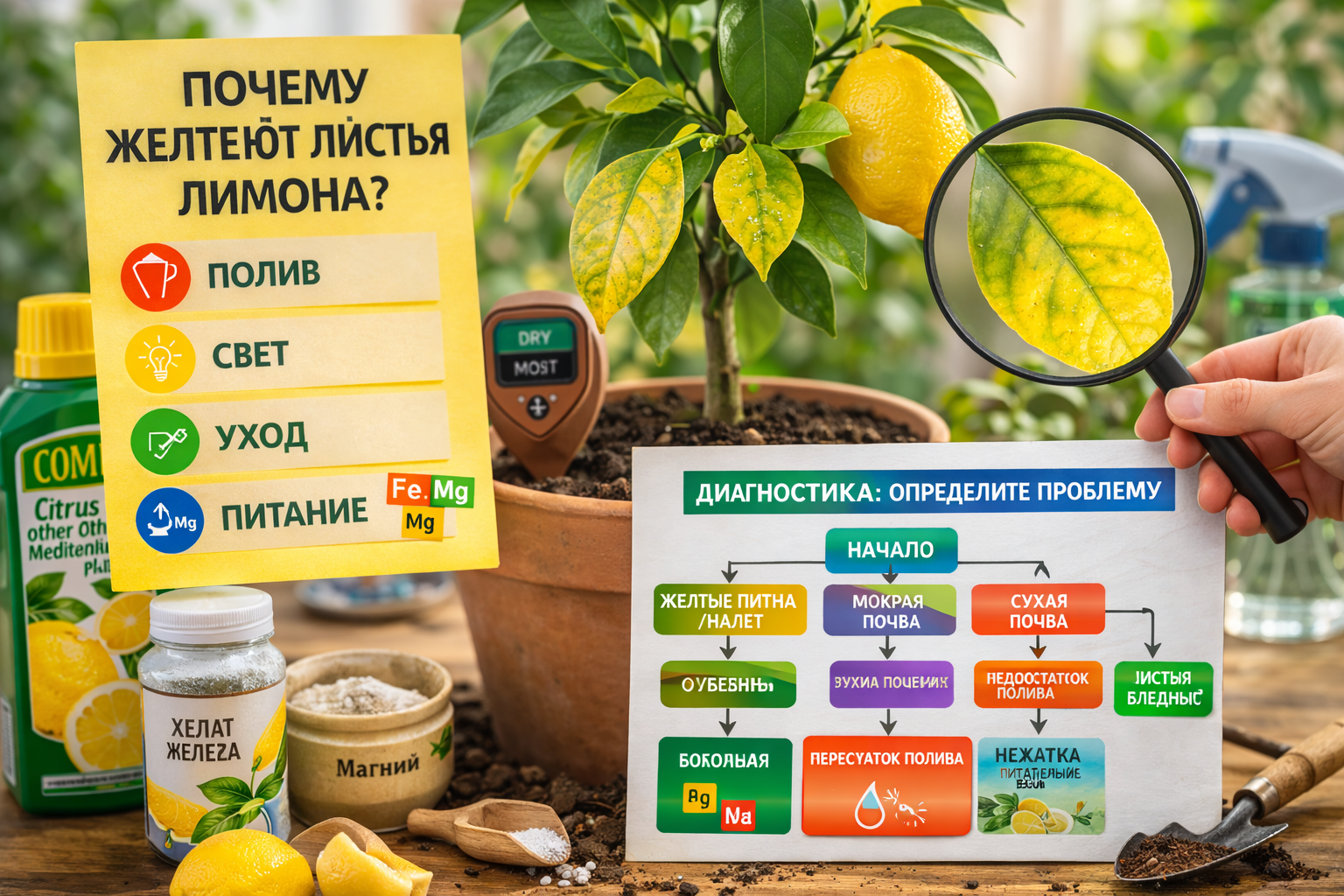 Лимон желтеют листья